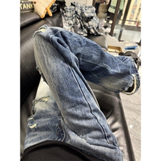 美式高街乞丐破洞牛仔裤男小众水洗vibe裤子直筒微喇裤L83300-P45，男装牛仔裤，星座1008