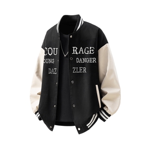 美式珍珠PU皮袖设计大码M-5XL毛呢棒球服夹克PU皮78084P69控108图片