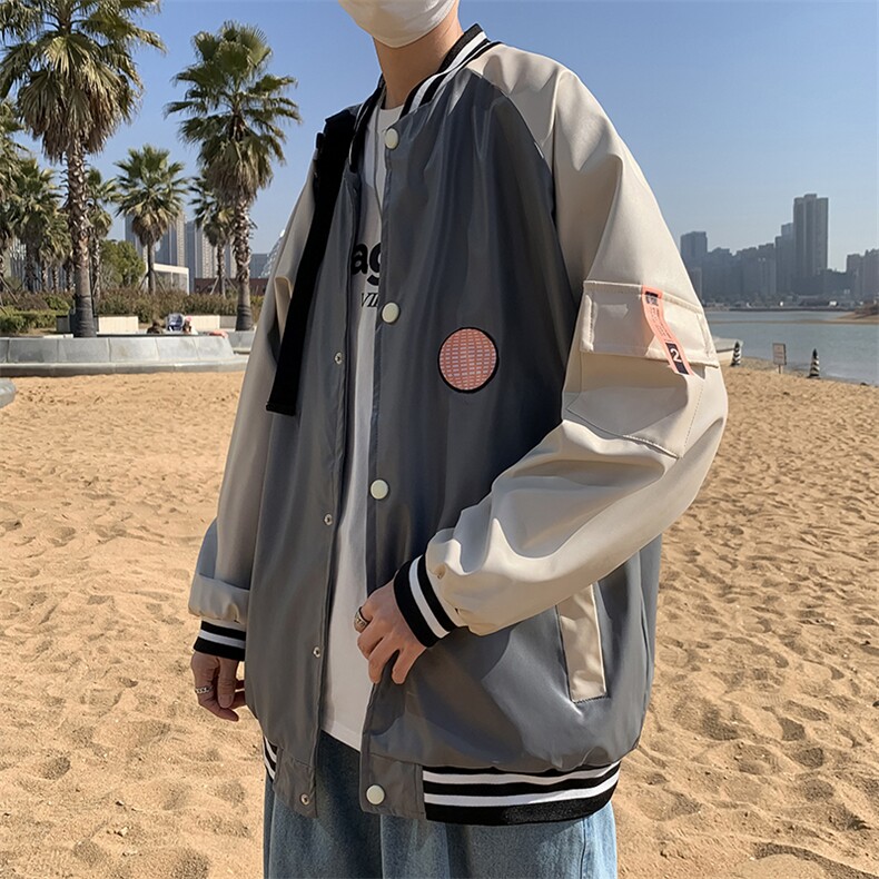 ins港风潮牌复古撞色皮衣飞行员棒球服宽松机车夹克外套 W524-P70图片