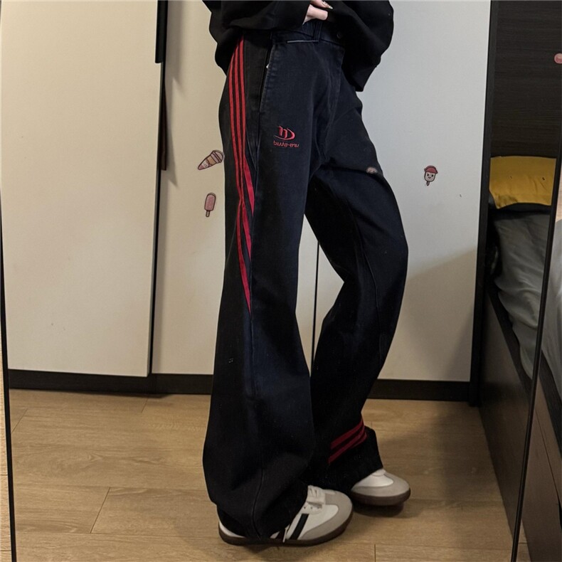 美式条纹牛仔裤男女新款三条杠裤子美式复古直筒裤N706-P48,男装牛仔裤,星座208-5
