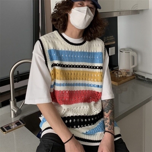 镂空彩色条纹针织坎肩撞色背心男女夏季慵懒无袖轻薄小众马甲t恤图片