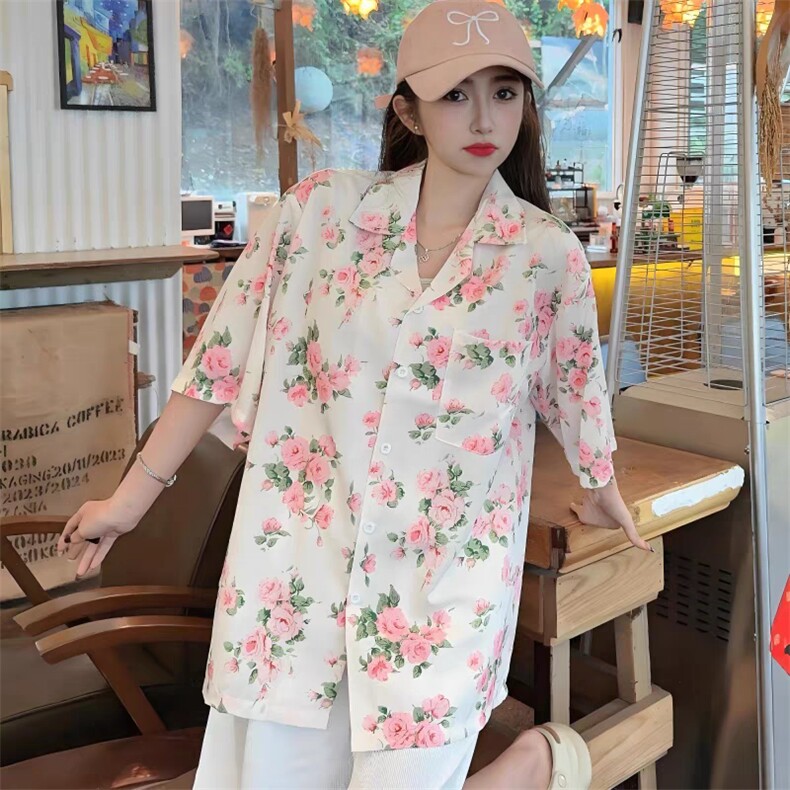 复古港风短袖花衬衫女夏威夷沙滩巴古领衬衣海边度假宽松休闲上衣,男装衬衫,星座1210-1