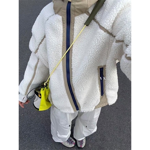 高品 撞色拼接加厚保暖羊羔毛开衫连帽摇粒绒外套男女 A1144-P108图片