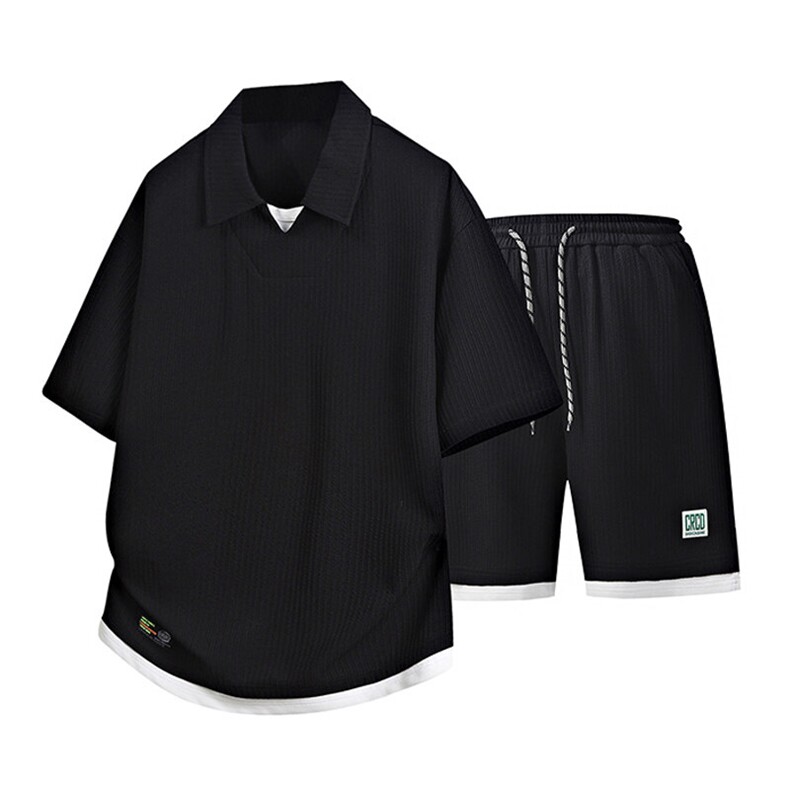 立体得物套装夏季潮牌痞帅宽松拼接短袖休闲两件套A436-T09-P65,男装休闲套装,电商A436