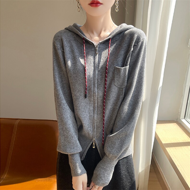 24秋季新款韩版休闲连帽卫衣针织开衫外套女气质宽松显瘦百搭毛衣,女装短外套,圣丽羊绒