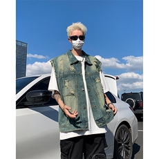 港风秋款男牛仔马甲破洞流苏背心牛仔无袖坎肩外套MJ605P58，男装背心/马甲，星座1013-1