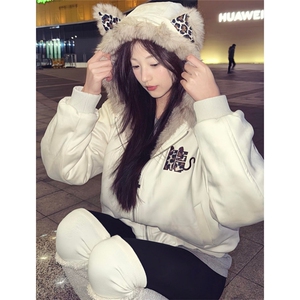 计划小恶魔豹纹仿麂皮毛领加厚座山雕棉服外套男女 M803图片