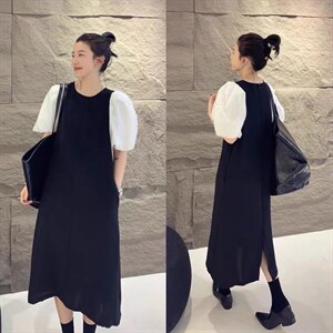 夏季新款欧货洋气拼接泡泡袖连衣裙图片