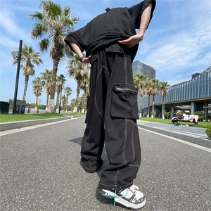 裤子男夏季设计感小众拼色宽松直筒运动裤潮牌潮流休闲裤图片