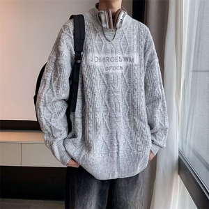 慵懒风提花圆领毛衣男秋冬季宽松保暖青少年套头针织上衣M5683图片