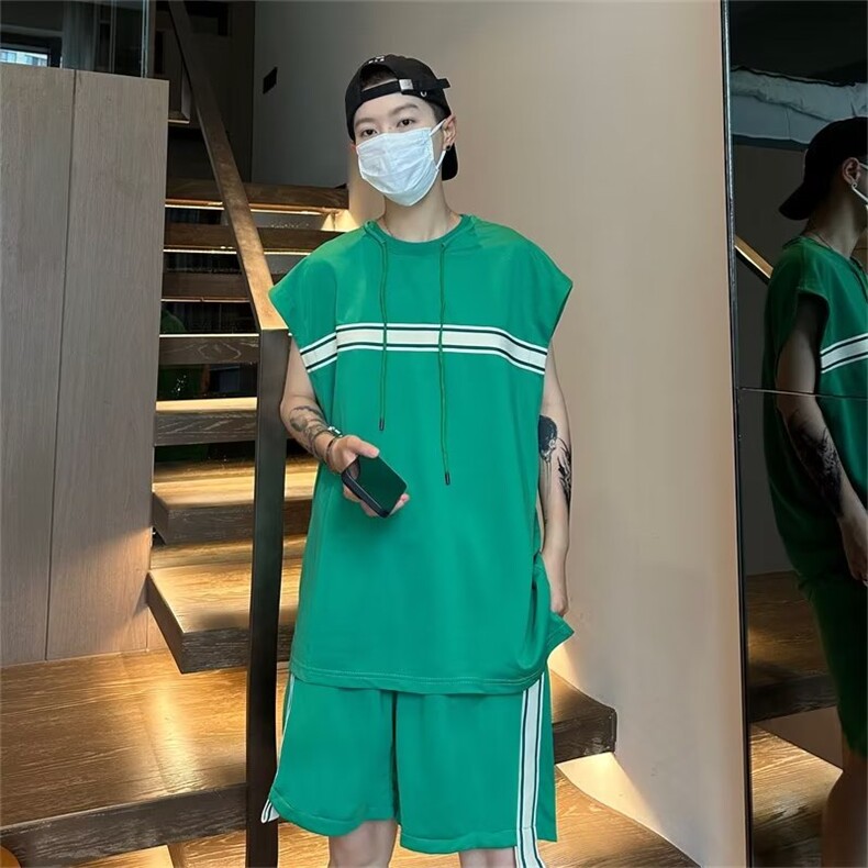 运动套装男无袖T恤条纹拼色帅气2023夏季ins假两件短裤W4846-P49,男装休闲套装,星座412-3