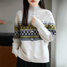 2026年秋季时尚百搭通勤简约休闲心形提花开衫，女装针织衫/毛衣，源达羊绒