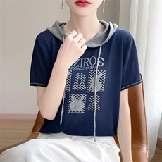 夏季新款天丝苎麻拼色字母帽衫女宽松百搭显瘦时尚休闲上衣，女装针织衫/毛衣，暖娇绒