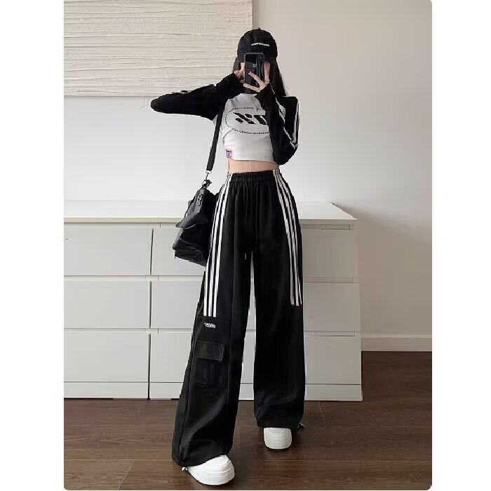 美式复古工装三条杠休闲裤女新款高腰显瘦直筒阔腿运动裤子潮ins,男装工装外套,星座506A