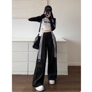 美式复古工装三条杠休闲裤女新款高腰显瘦直筒阔腿运动裤子潮ins图片