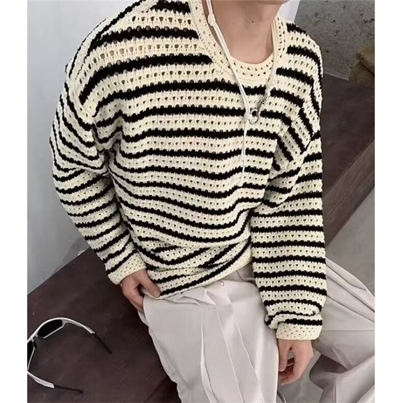 新款法式镂空条纹针织衫圆领长袖软糯舒适毛衣男女 M594图片