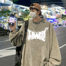 直播品质重磅纯棉美式蜡染水洗做旧潮牌宽松长袖t恤CT310特P38，男装T恤，电商A486