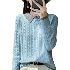 2024年秋季可爱甜美通勤纯毛翻领绞花拼色假两件羊毛衫女，女装羊毛衫，大美人高端店