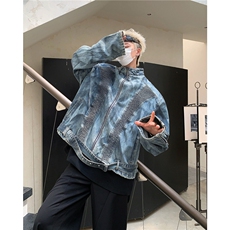 2025春ins潮牌重工艺褶皱喷漆牛仔夹克男下摆腰带外套W6377-P87，男装夹克，星座412-2
