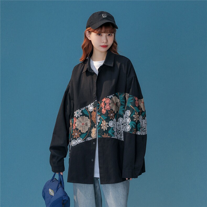 中性风长袖衬衫女情侣大码中性风刺绣潮长袖衬衫男CS9743P50图片
