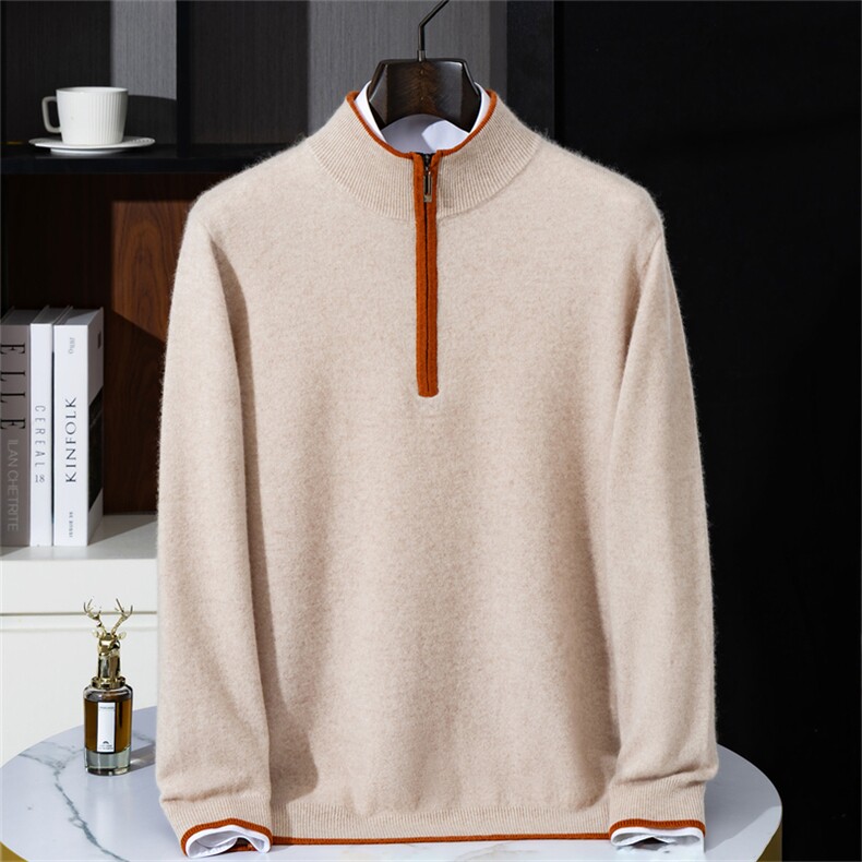 半高拉链男士舒适时尚长袖，男装羊绒套衫，祥特羊绒
