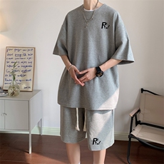 套装！华夫格套装男T恤短裤两件套大码港风TZ113-P50，男装休闲套装，电商B367