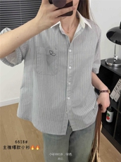 2025新款刺绣笑脸条纹衬衣短袖休闲宽松型，女装衬衫，洛丽兰可