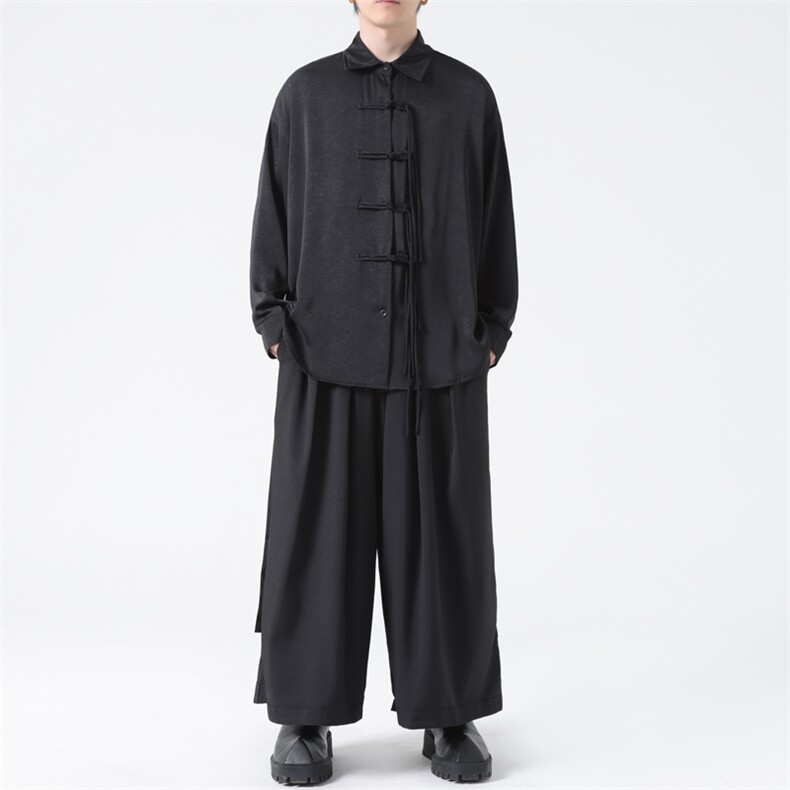 C8606P65无影墻冰丝新中式风暗黑风唐装汉服盘扣衬衫情侣,男装衬衫,电商A026