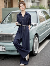 （新款现货）2026春装时尚西装领天丝牛仔阔腿连体裤（配腰带），女装连体裤，印象茜