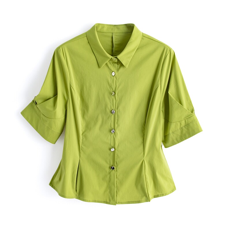 夏新新款短袖纯色收腰显瘦衬衫女，女装衬衫，水衣源