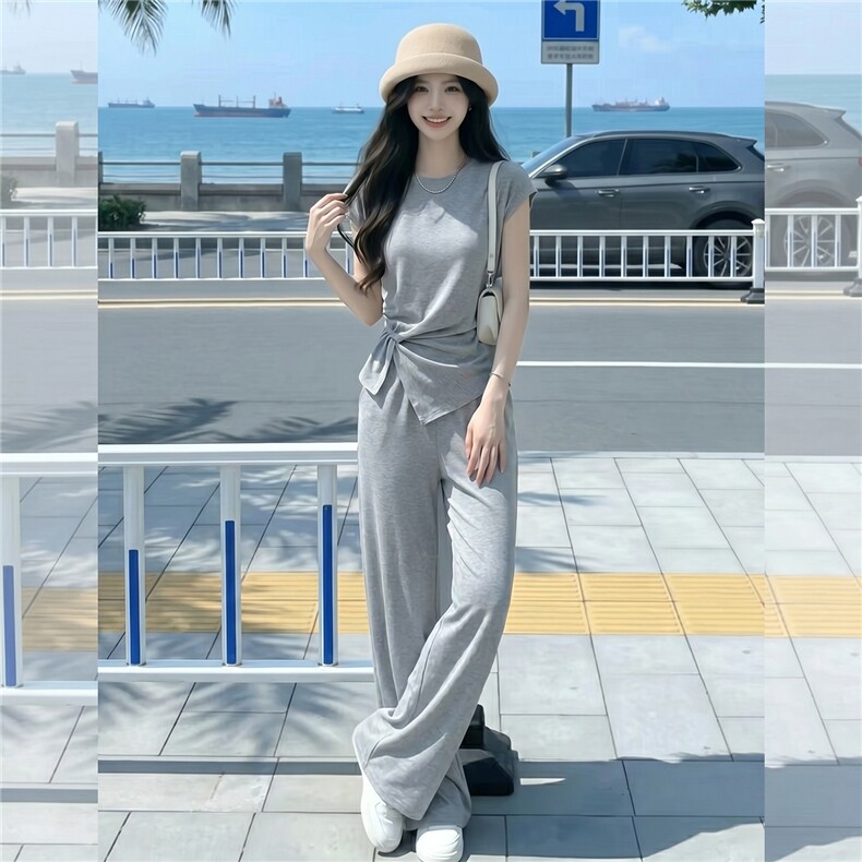 设计感时尚气质套装女夏季款圆领褶皱开叉短袖上衣阔腿长裤两件套,女装套装/套裙,江南