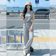 设计感时尚气质套装女夏季款圆领褶皱开叉短袖上衣阔腿长裤两件套，女装套装/套裙，江南