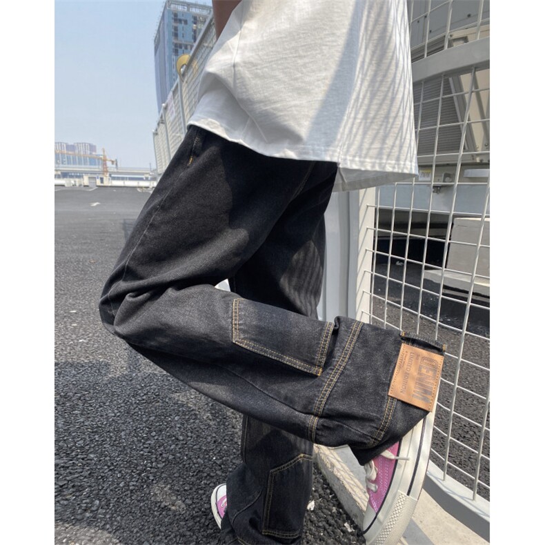 美式高街设计感牛仔裤男款春秋季提档倒装口袋裤子显高微喇直筒裤,男装牛仔裤,电商B315