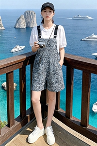 女夏季新款时尚运动休闲套装宽松显瘦减龄圆领上衣背带短裤两件套图片