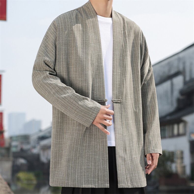 2026风男春夏长外套褂子盘扣条纹提花风衣仿麻披风J09-P105,男装风衣,电商B277(原6028)