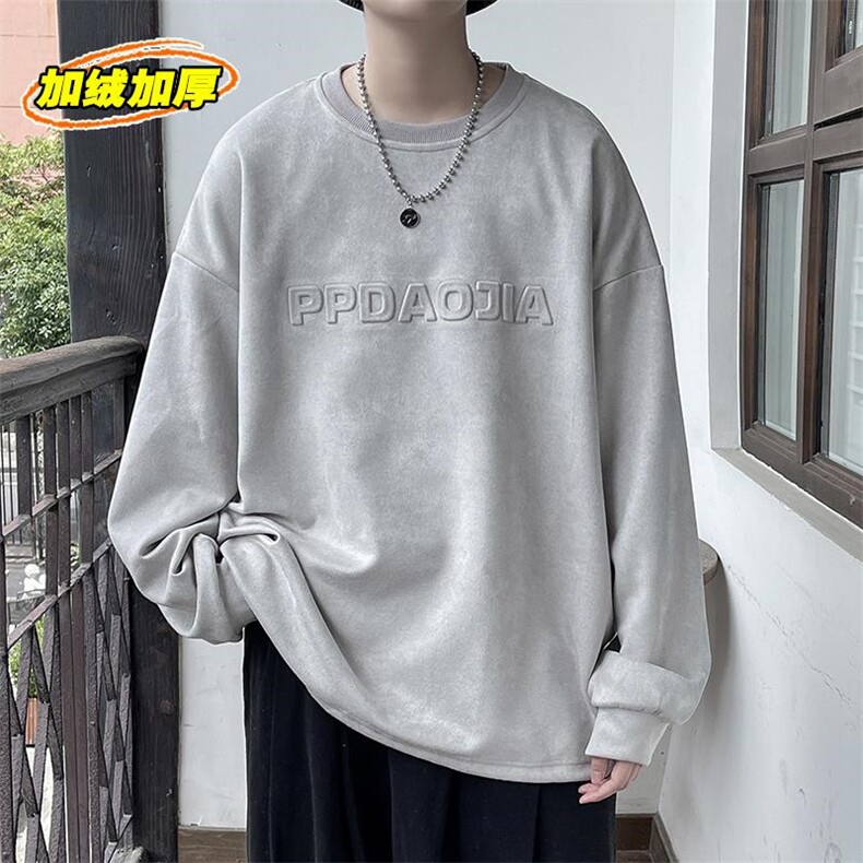 麂皮绒ins宽松卫衣男美式潮牌字母钢印打底衫W26626J加绒-P55控78，男装T恤，电商A001