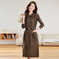 2025新款翻领针织连衣裙两件套女秋冬中长款收腰显瘦高级感气质裙，女装羊毛衫，艾米