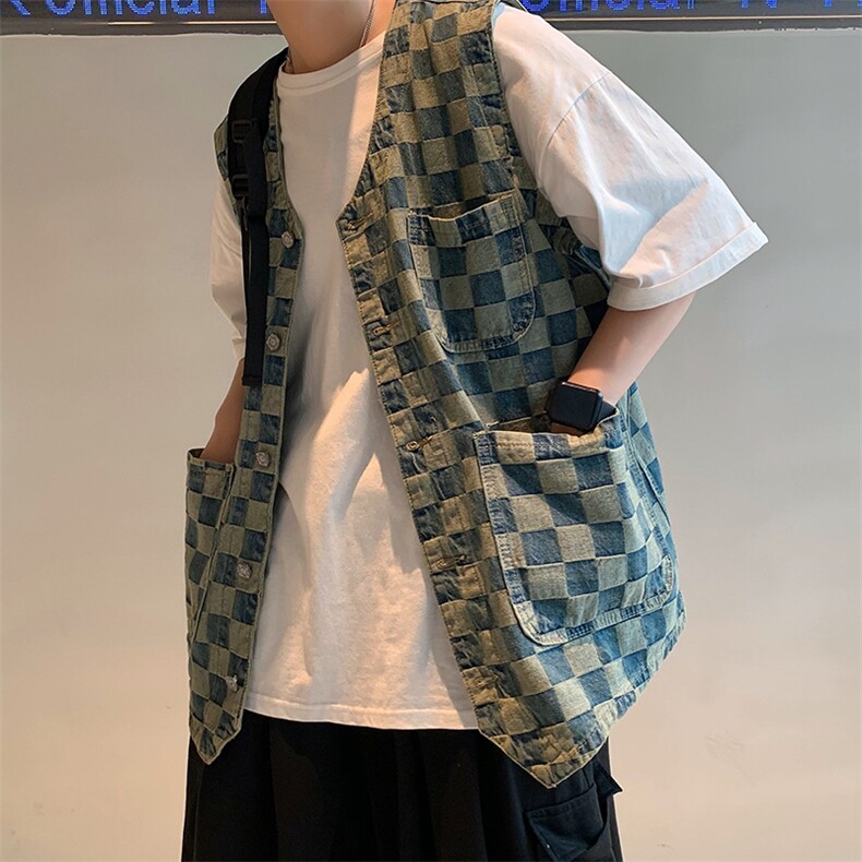 港风宽松休闲多口袋外套日系复古工装牛仔马甲男 W3114-P34图片