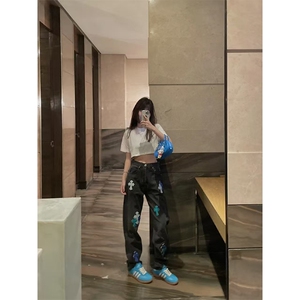 网图有货 美式高街十字架牛仔裤男女宽松潮牌直筒长裤子A1175-P48图片