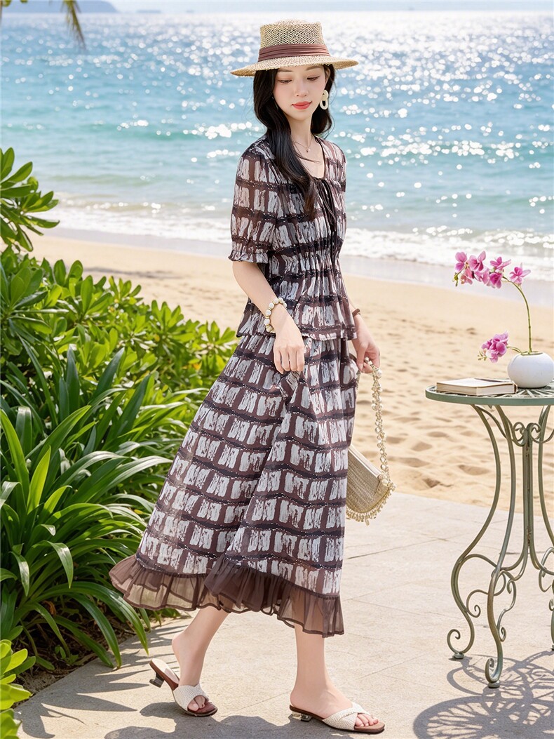 时尚休闲格纹显瘦系带上衣木耳边半裙超仙两件套女,女装套装/套裙,水衣源