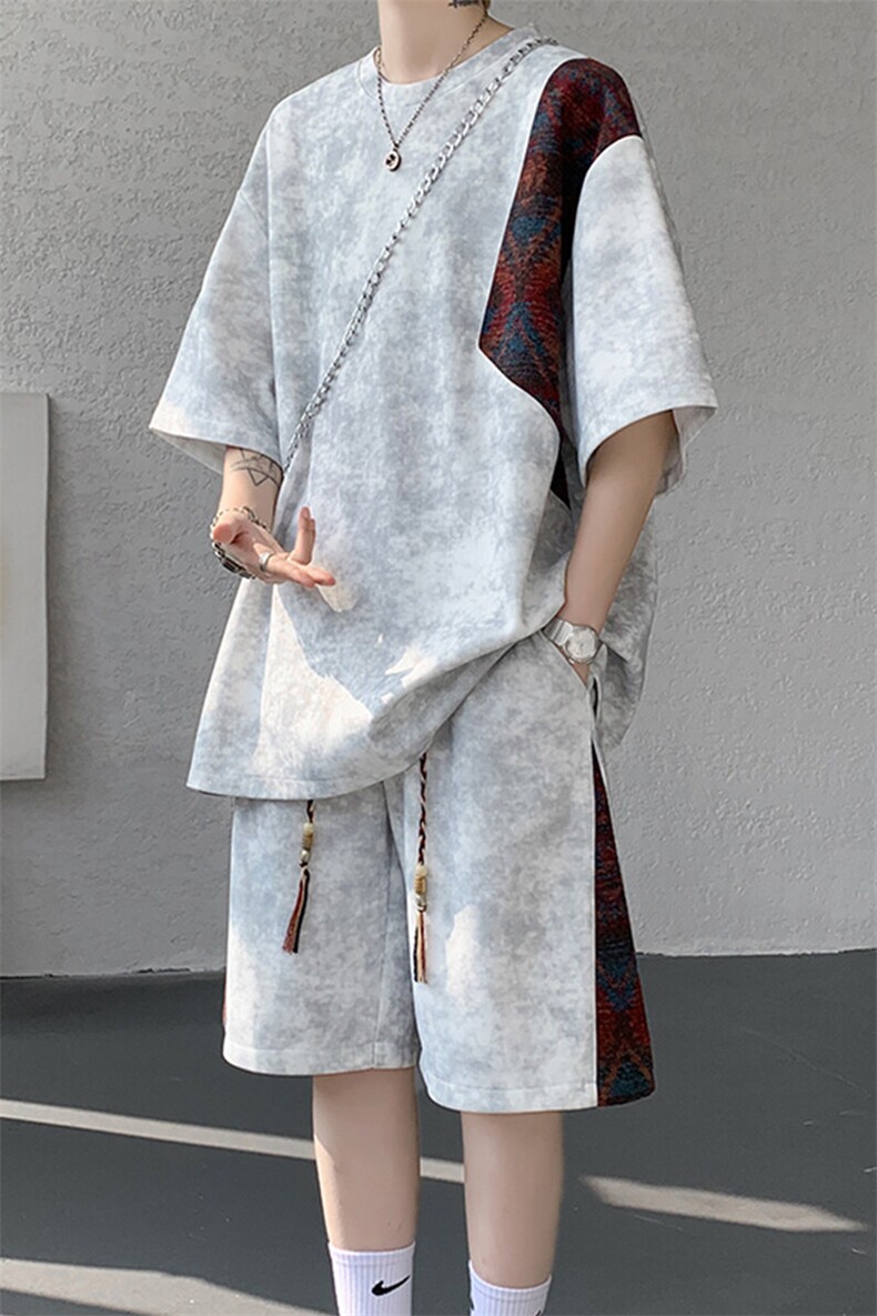 8XL-M民族风潮拼接休闲运动套装男夏季学生短袖短裤TZ38001P60,男装休闲套装,电商B312
