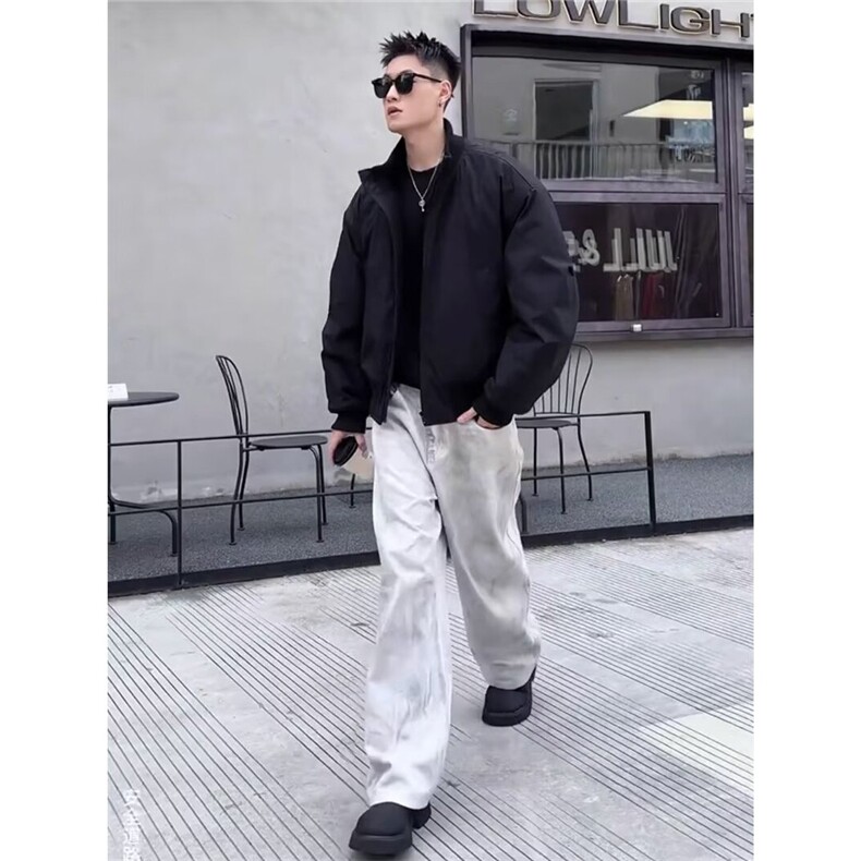 美式短款廓形飞行夹克羽绒服男秋冬季立领工装棉衣外套夹棉棒球服,男装夹克,星座1001-1