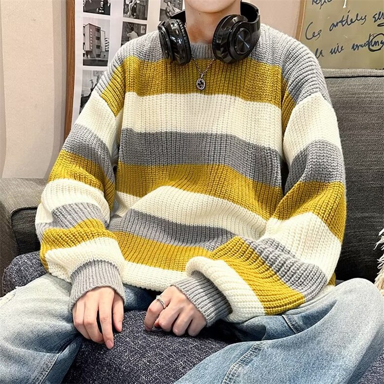 毛衣男秋冬撞色条纹圆领衫针织衫打底衫宽松慵懒风毛线衣7010 P48图片