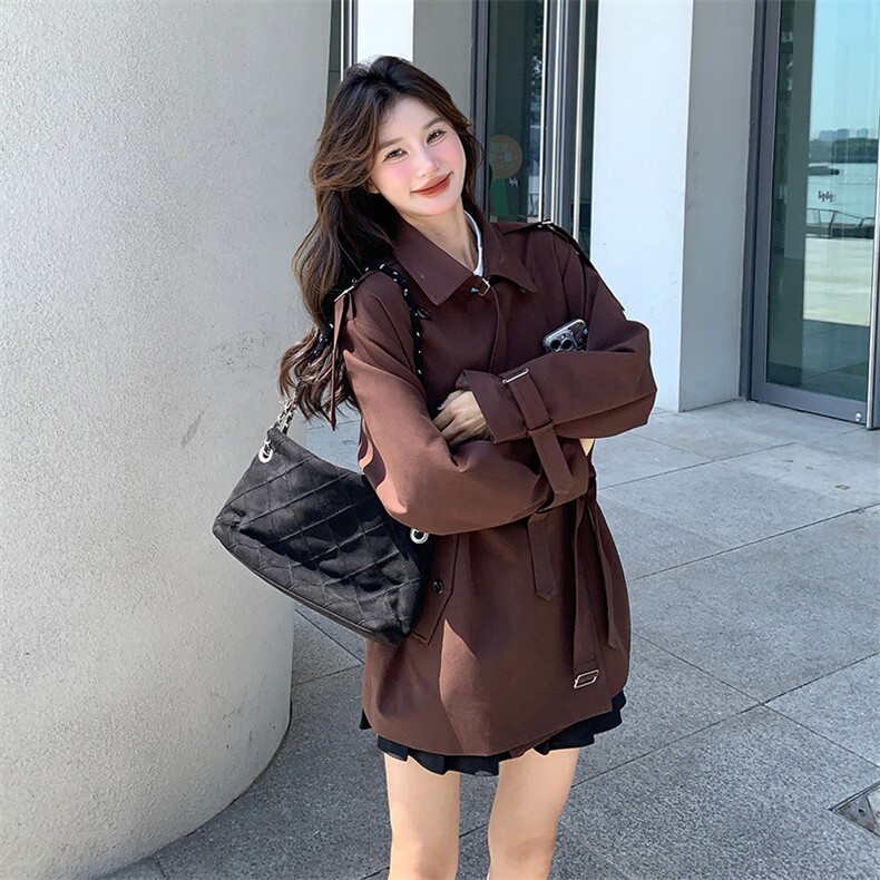 红棕色风衣外套女2025春秋新款宽松百搭设计感英伦风中长款大衣潮,女装风衣,2C205