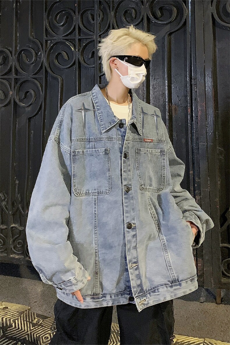 男装牛仔外套2026秋几何绣标印花男生翻领夹克XZ514-2-N100-P88,男装工装外套,星座514-2(原B239)