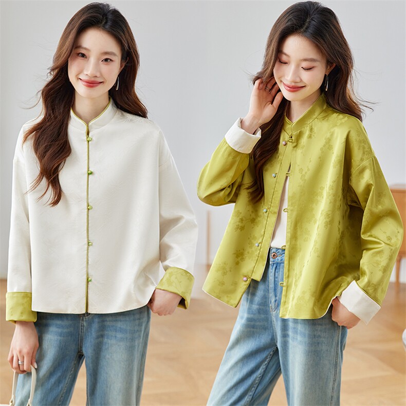 提花双面穿外套女2025新款秋季宽松复古人丝提花立领开衫上衣，女装短外套，新依时派