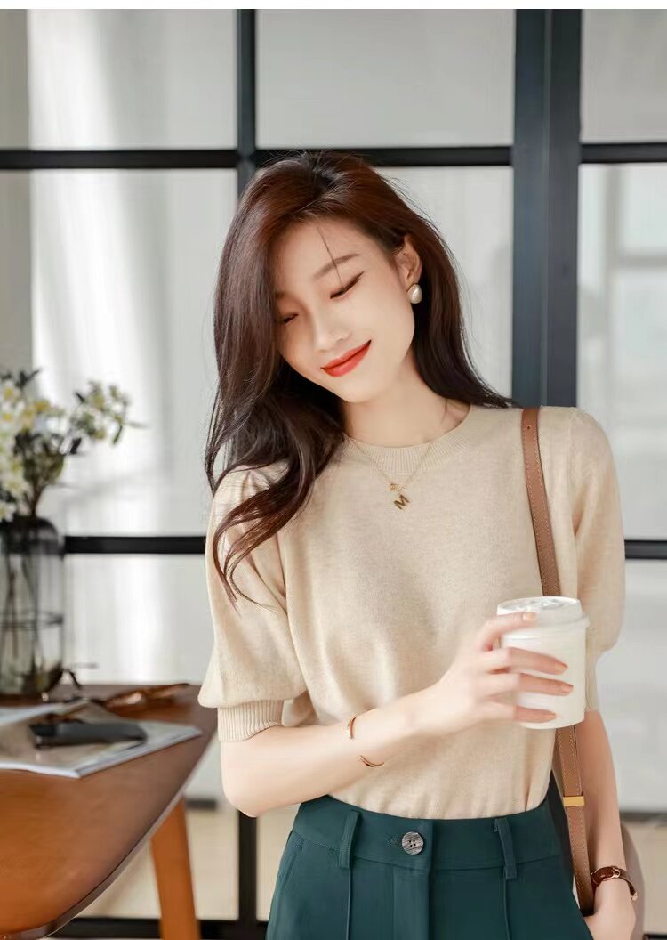 春秋针织短袖t恤上衣女2025新款女套头百搭,针织衫/毛衣,圣旺供货