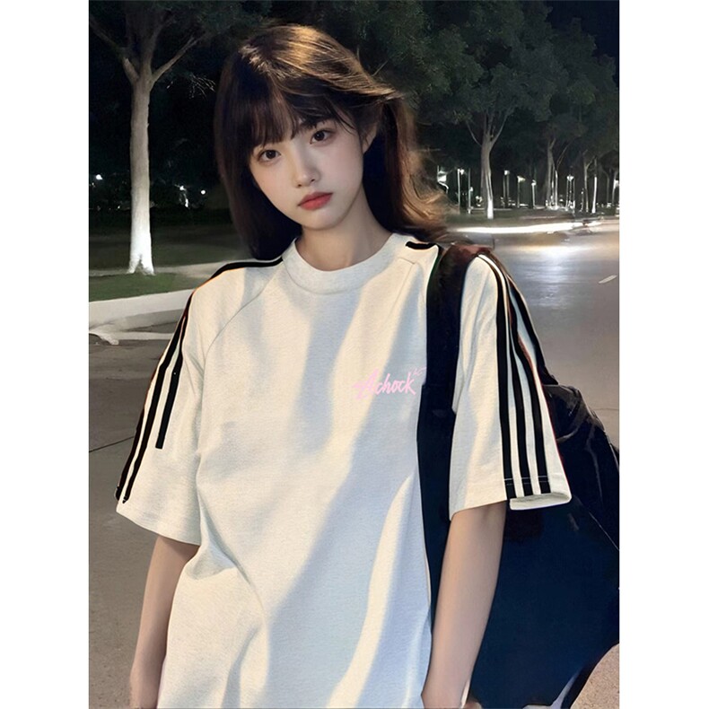 抖音得物高品质二开240克宽松纯棉美式潮牌三条杠织带短袖T恤,男装T恤,电商A486-1