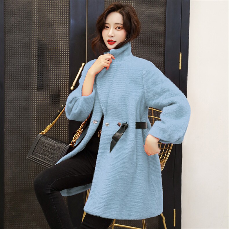 毛呢外套女中长款韩版新款2021年秋冬修身纯色显瘦黄金貂大衣,女装毛呢外套,天丝秀