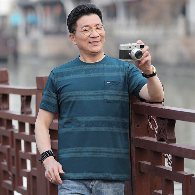 夏季中老年男冰丝短袖t恤圆领口袋中年爸爸透气舒适半袖上衣T恤,男装T恤,电商B212（原钱塘6029）